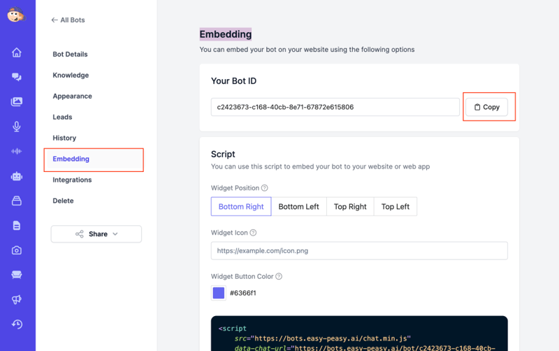 Bots page interface